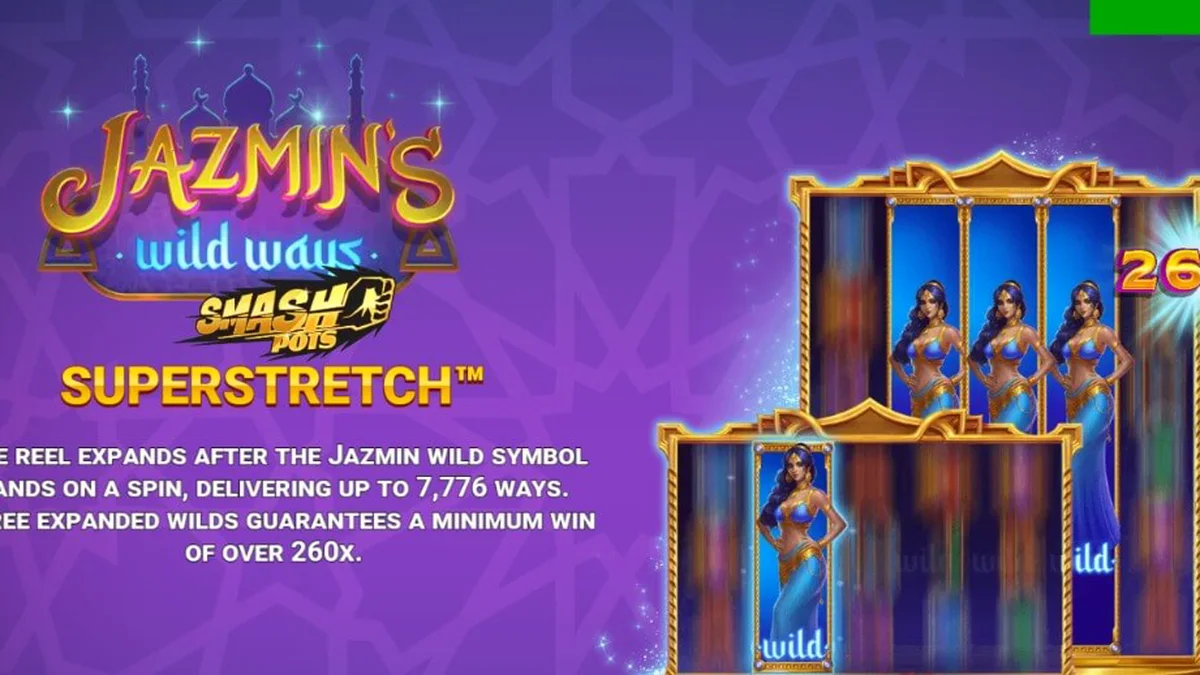Tampilan layar permainan slot Jazmin’s Wild Ways Smash Pots dengan simbol permata dan latar belakang istana.